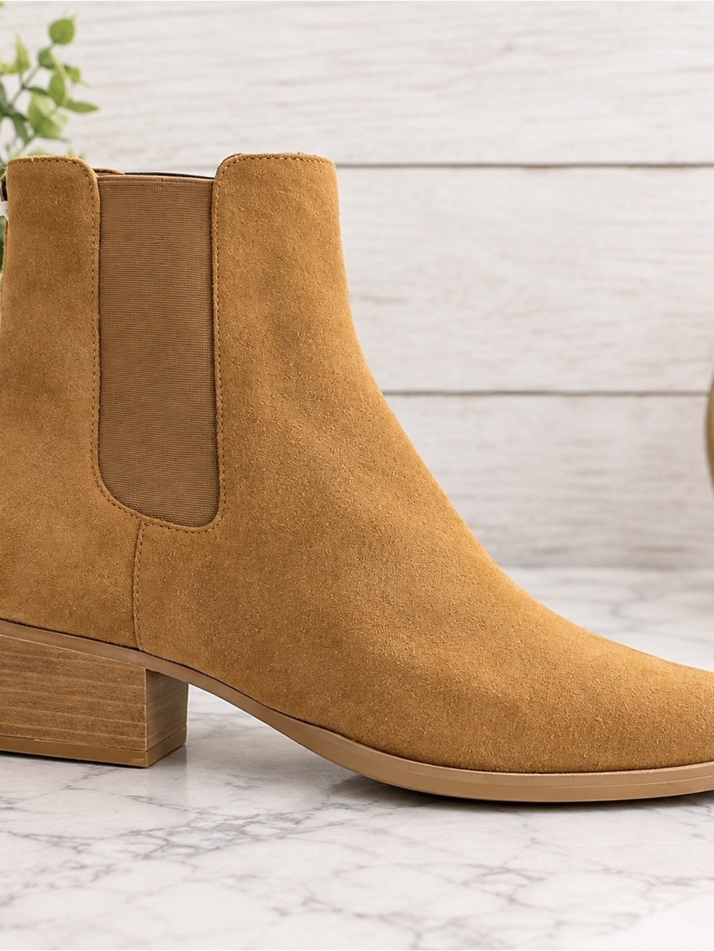 Women's Tan Suede Chelsea Bootie with Low Block Heel